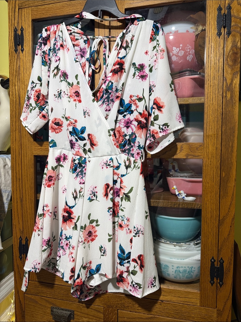 Trixxi White Floral Short Sleeve Romper with Pink & Blue Blooms